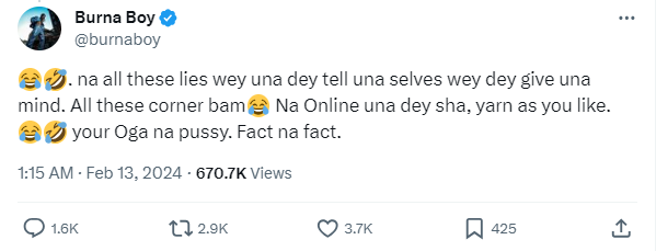 Burna Boy resumes dragging Davido, calls him a pu**y