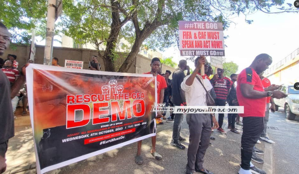 Protesters gather to demonstrate against Kurt Okraku and GFA admnistration