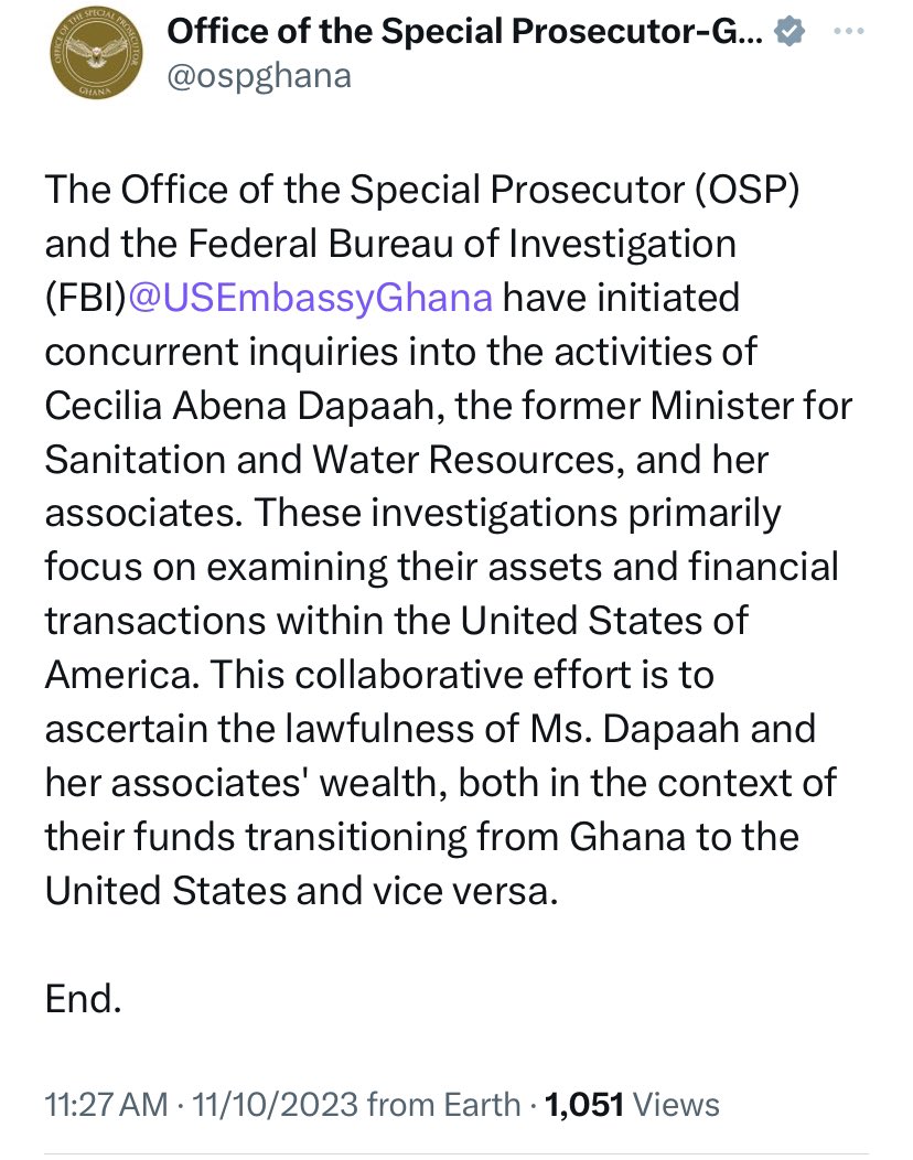 America’s FBI joins Ghana’s OSP to investigate Cecilia Dapaah and her associates