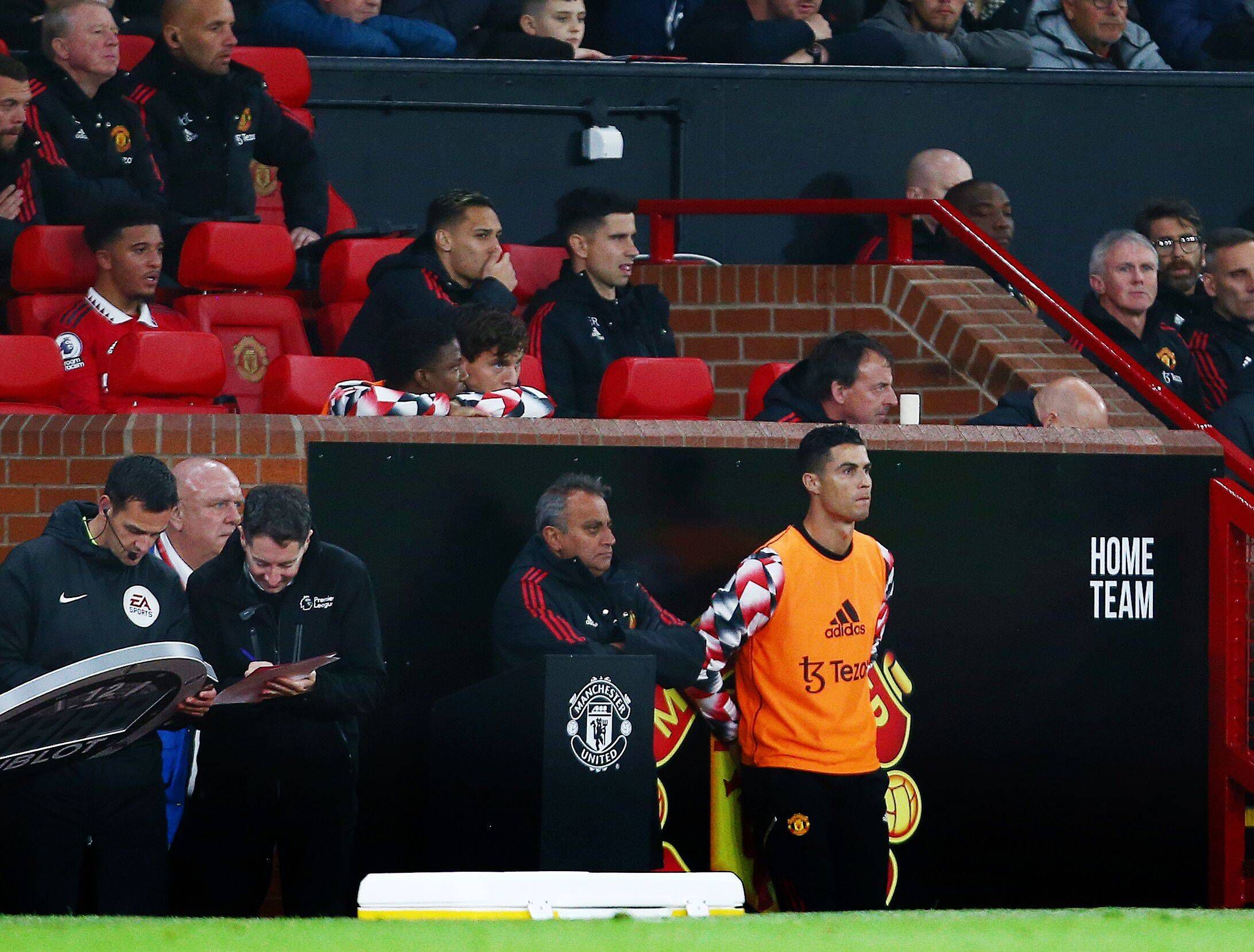 Cristiano Ronaldo of Manchester United looks on before walking to the tunnel to leave before at the end of the game Manchester United v Tottenham Hotspur on October 19, 2022.