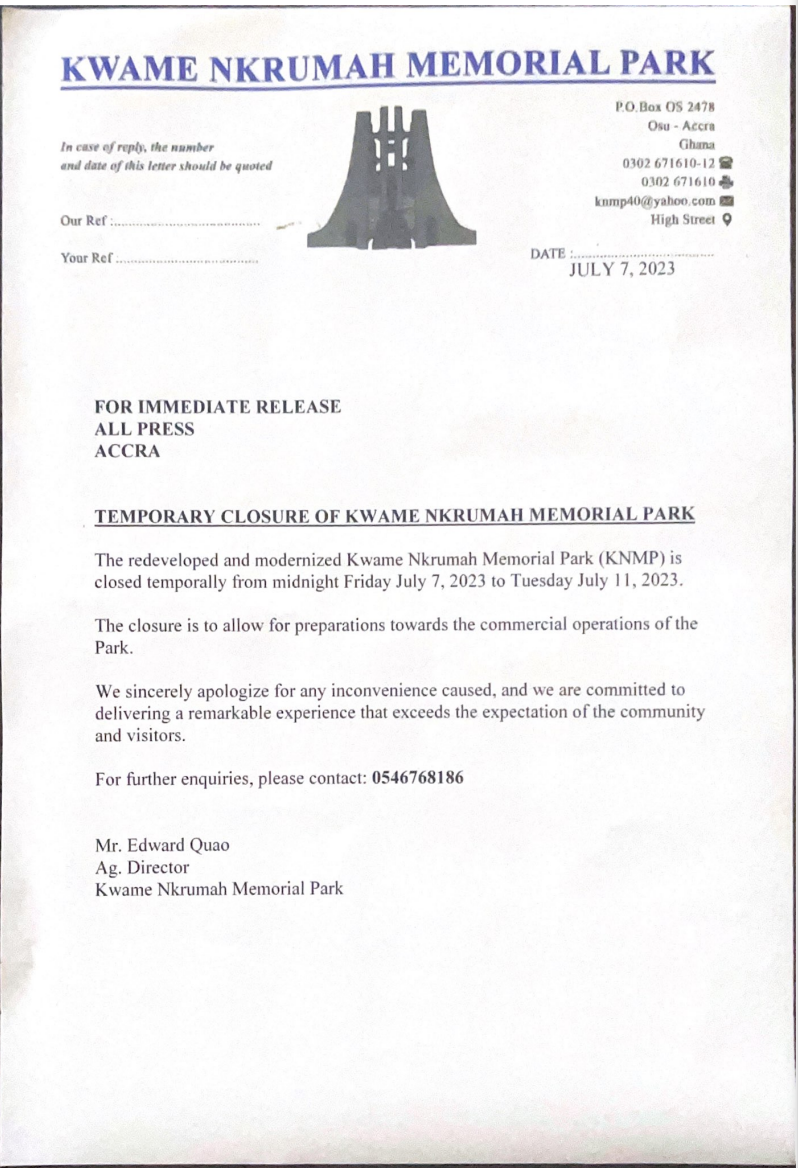 Remodeled Kwame Nkrumah Memorial Park to be closed down temporarily