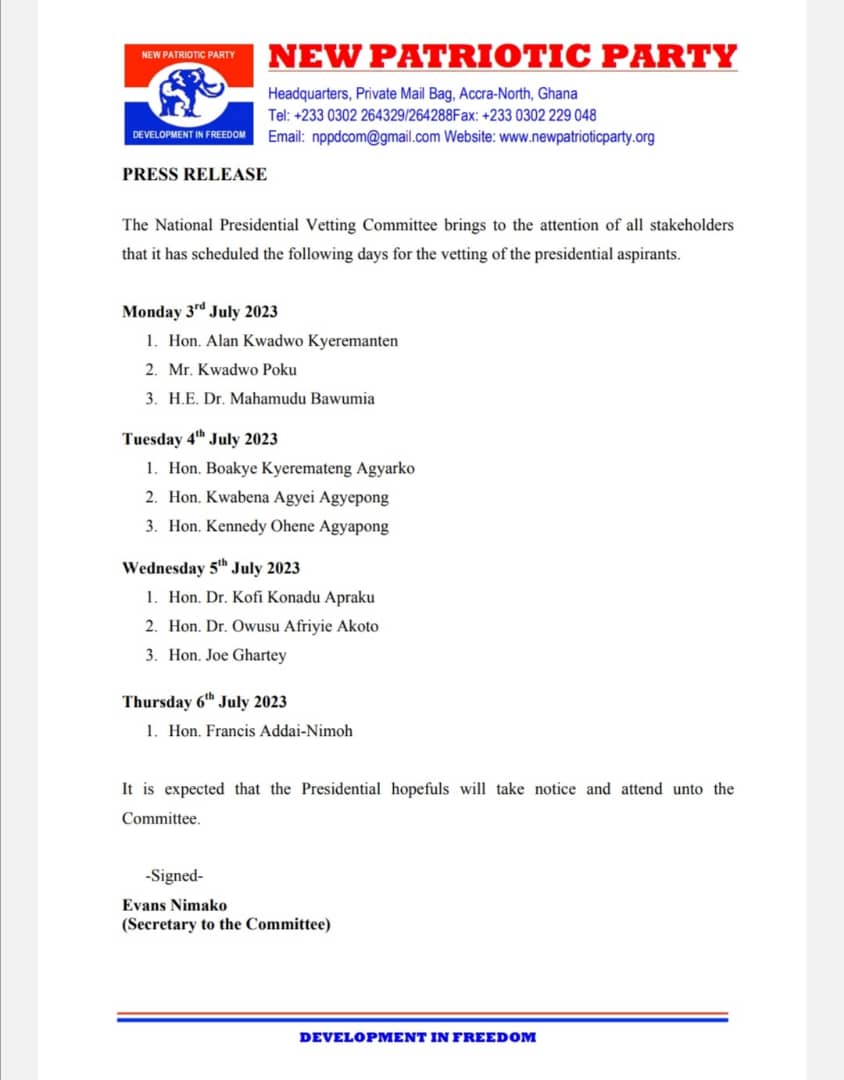NPP commences vetting of presidential aspirants on July 3