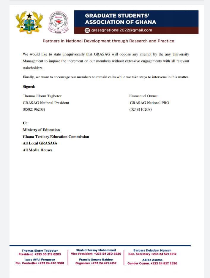 GRASAG declines increment in university fees