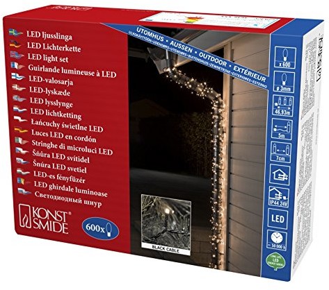 Konstsmide 3646 110 Micro LED łańcuch świetlny/na zewnątrz (IP44)/VDE/zewnętrzny transformator 24 V/600 ciepłe białe diody/czarny przewód (3646-110)
