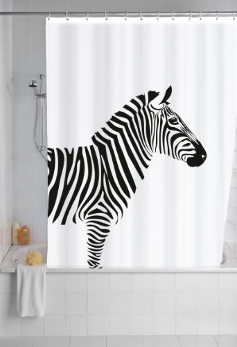 Wenko 20051100 zasłona prysznicowa z powłoką przeciw pleśnieniu, może być prana w pralce, 12 pierścieni do zawieszania, 100% poliester, motyw: zebra (wild), kolor: biały