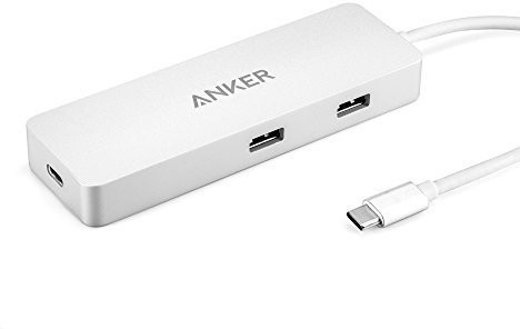 Anker Premium USB-C Hub mit Ethernet und Power Delivery, 2 USB 3.0 Ports, 1 USB C Ladeport, 1 Ethernet Port, Aluminiumgehäuse für das neue MacBook und ChromeBook Pixel (Wei0)