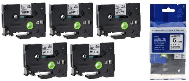 Brother Aimotech Taśma 5-pak zamiennik do 6mm/8m biała czarny nadruk 5xTZE211 5xAZE211