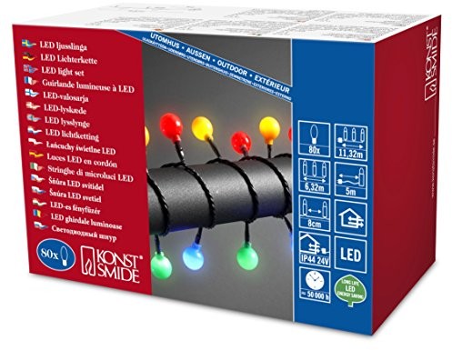 Konstsmide 3696-507 LED Globelichterkette mit großen runden Dioden / für Außen (IP44) / 24V Außentrafo / 80 bunten Dioden / schwarzes Kabel