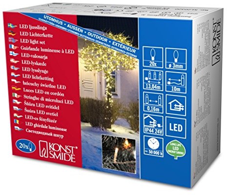 Konstsmide 3609 103 Micro LED łańcuch świetlny zewnętrzny transformator/na zewnątrz (IP44)/24 V/20 ciepło białych diod/przezroczysty przewód