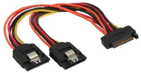 InLine SATA Strom-Y-Kabel, SATA Buchse an 2x SATA Stecker mit Sicherheitslasche, 0,15m