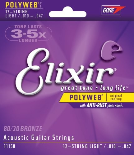 Elixir Light 80/20 zestaw strun do gitary akustycznej 12-strunowej, oryginalna owijka Polyweb z brązu, rozmiar 1047 E11150