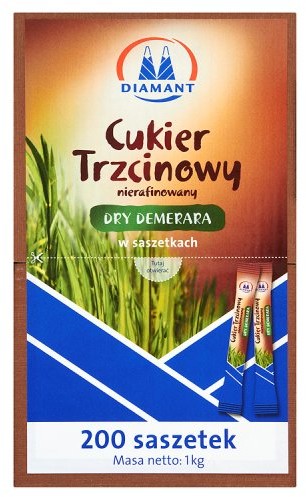 Diamant Cukier trzcinowy nierafinowany w saszetkach Dry Demerara 1 kg (200 sztuk