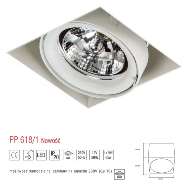 Light&More LM 618/1 OPRAWA HALOGENOWA LED WPUSZCZANA OCZKO BEZRAMKOWA REGULOWANA BIAŁY ES111 QR111 AR111 GU10 G53