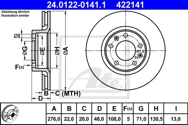 ATE TARCZA HAM 24.0122-0141.1 CITROEN XM 2.1D 12V 89-94/ PEUGEOT 605 2.0 89-99  24.0122-0141.1