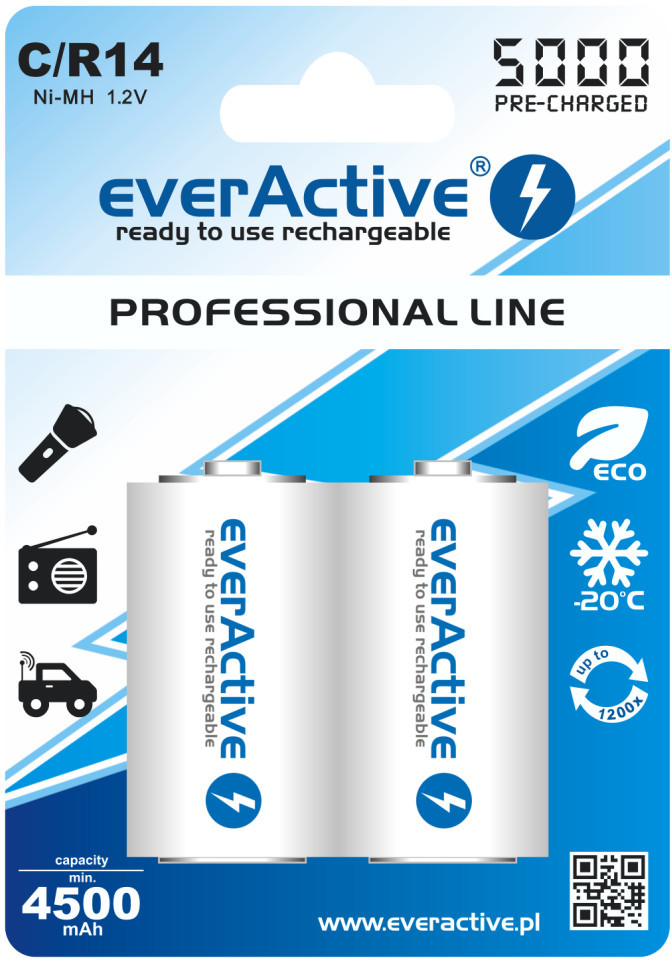 EverActive 2x akumulatorki R14/C Ni-MH 5000 mAh ready to use
