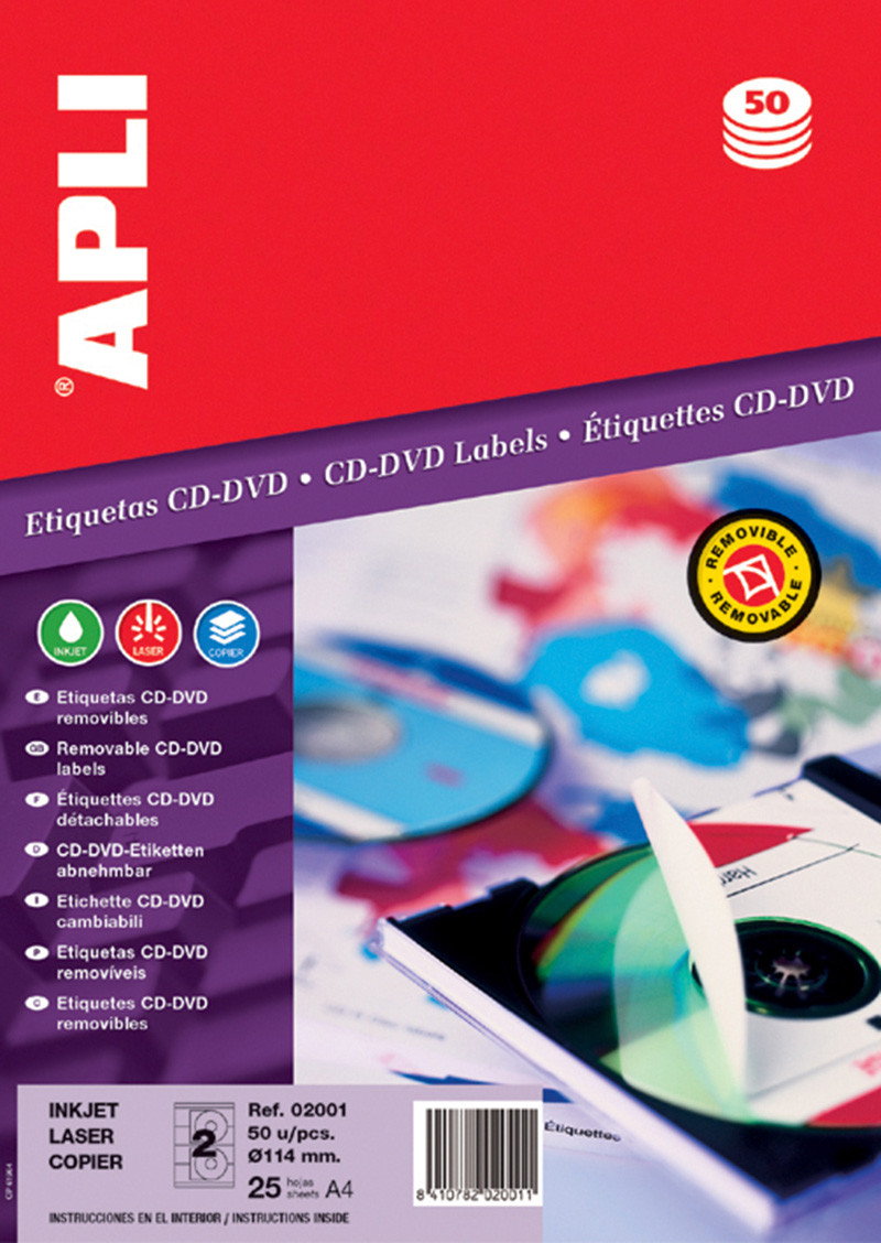 APLI Etykiety na płyty CD/DVD , średnica 114/18mm, okrągłe, białe AP10294