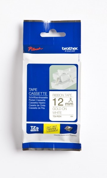 Brother Taśma Brother wstążka 12mm x 4m złoty nadruk białe tło Taśma Brother wstążka 12mm x 4m złoty nadruk białe tło TZER234