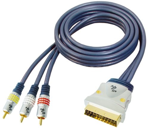 Transmedia all4u bbvm 11 Video Cable (Scart  3 X wtyczka cinch, wtyczka cinch > Scart, w pełni metalowa chromowana) Niebieski 10 m BBVM11-10L
