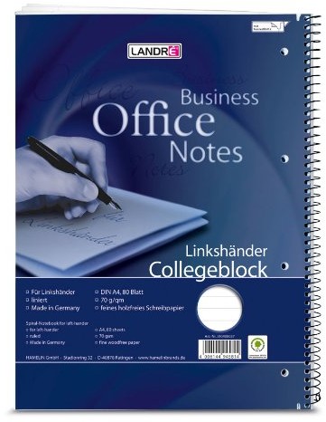 Landré Blok landre 100050065 College odcinanie dla osób leworęcznych, A4, 80 arkuszy, linie, 70 G/qm, spirala po prawej stronie, 10 szt 100050065