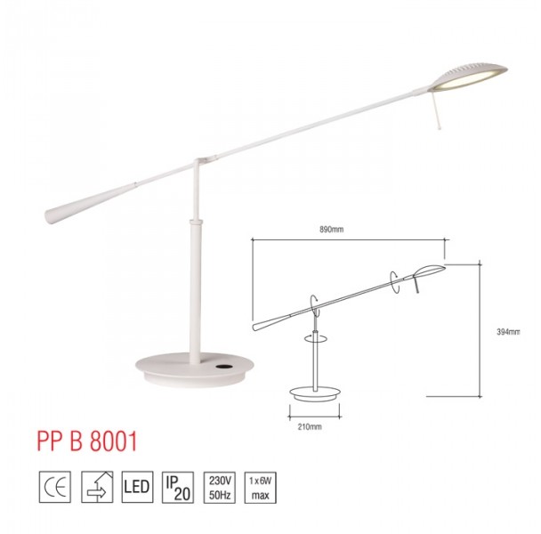 Light&More LM B 8001 WH LAMPA BIURKOWA STOŁOWA REGULOWANA ALUMINIUM BIAŁY LED 6W = 50W 3000K