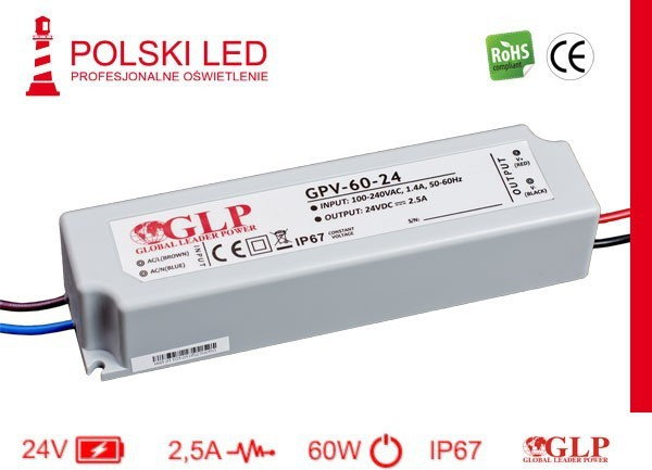 GLP Zasilacz wodoodporny GPV 60W 2,5A 24V IP67 GPV-60-24