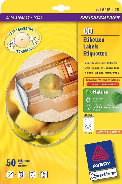 AVERY Zwecform Etykiety na płyty CD/DVD z nakładną centrującą 117 mm, 2 etykiety (NB-2077)