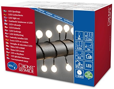 Konstsmide 3696-107 łańcuch świetlny LED z dużymi, okrągłymi diodami, do użytku na zewnątrz, stopień ochrony: IP44, transformator zewnętrzny 24 V, 80 diod, ciepła biel, czarny kabel