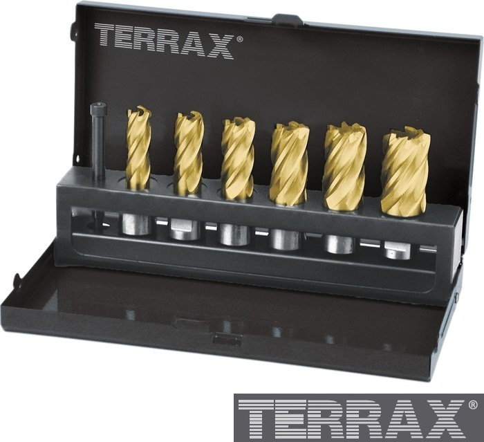 TERRAX zestaw koronowych HSS-TiN chwytem Weldon (3/4), szlifowanych techniką CBN, w kasecie przemysłowej (A108820T)