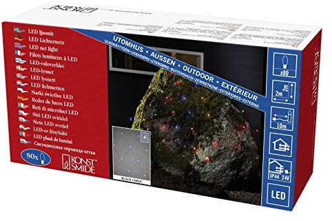 Konstsmide 3679 507 zewnętrzny transformator siatka świetlna LED z kolorowymi globes/na zewnątrz (IP44)/24 V/80 kolorowe diody/czarny przewód (3679-507)