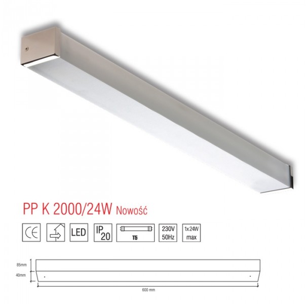 Light&More LM K 2000/24W KINKIET LAMPA ŚCIENNA LUSTRO METAL CHROM TWORZYWO BIAŁY MATOWE T5 1x24W 60 CM LED