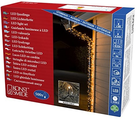 Konstsmide 3645 800 Micro LED łańcuch świetlny/na zewnątrz (IP44)/VDE/kolorze bursztynowym diod zewnętrzny transformator 24 V/500/czarny przewód (3645-800)