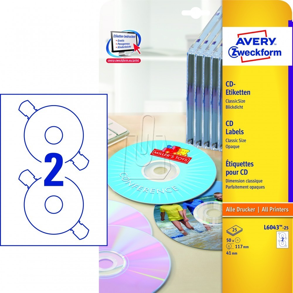 Avery Zweckform Etykiety matowe białe ClassicSize na płyty CD/DVD 117mm 25 arkuszy Zweck