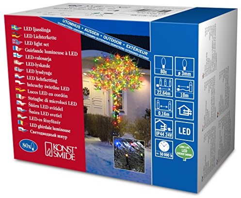 Konstsmide 3611 500 Micro LED łańcuch świetlny zewnętrzny transformator/na zewnątrz (IP44)/24 V/80 kolorowe diody/czarny przewód (3611-500)