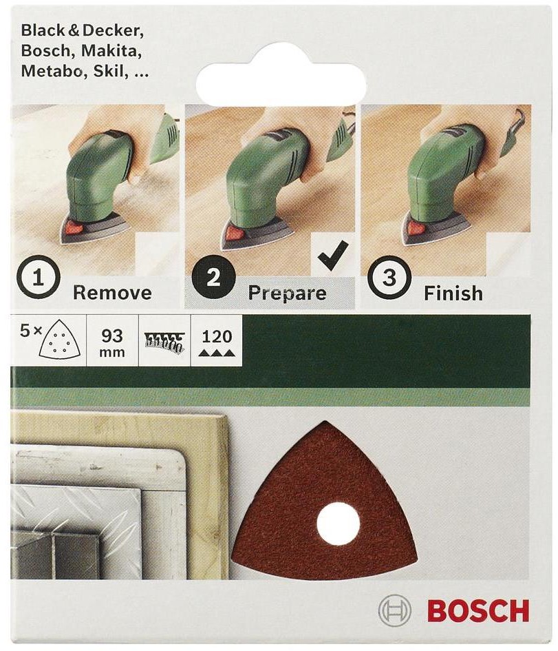 Bosch Papier ścierny delta z rzepem perforowane wielkość ziarna 240 Rozstaw narożników 93 mm 2609256A53 5 szt
