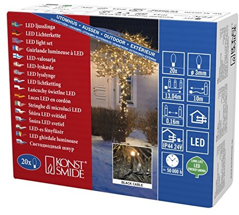Konstsmide 3609 800 Micro LED łańcuch świetlny zewnętrzny transformator/na zewnątrz (IP44)/VDE/24 V/20 kolorze bursztynowym diody/czarny przewód (3609-800)