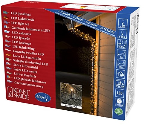 Konstsmide 3646-800 LED Lichterkette / für Außen (IP44) / VDE geprüft / 24V Außentrafo / 600 bernsteinfarbene Dioden / schwarzes Kabel