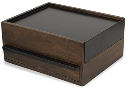 UMBRA Stowit 290245-048 pudełko na biżuterię, z ukrytymi półkami i ruchomą półką metalową, z drewna/metalu, kolor czarny/orzech włoski