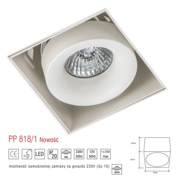 Light&More LM 818/1 OPRAWA HALOGENOWA LED WPUSZCZANA OCZKO BEZRAMKOWA REGULOWANA BIAŁY MR16 GU10 GU5,3