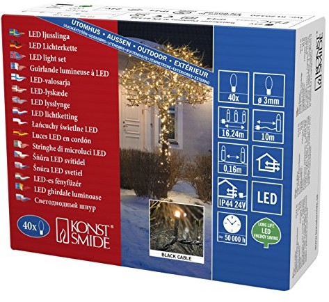Konstsmide 3610 800 Micro LED łańcuch świetlny zewnętrzny transformator/na zewnątrz (IP44)/VDE/24 V/40 kolorze bursztynowym diody/czarny przewód (3610-800)