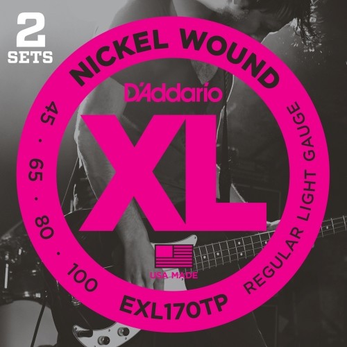 D'Addario EXL170TP niklowane struny stalowe do gitary basowej, rozmiar 45  100 Long Scale Regular Light, w opakowaniu dwa zestawy EXL170TP