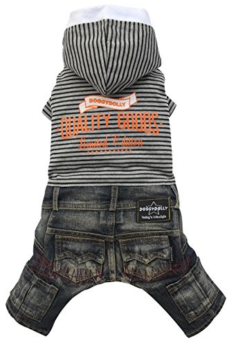 Doggydolly Doggy Dolly C245 Hundekombi Jeans Mit Kapuzenshirt, Schwarz/Grau Gestreift, Größe  :