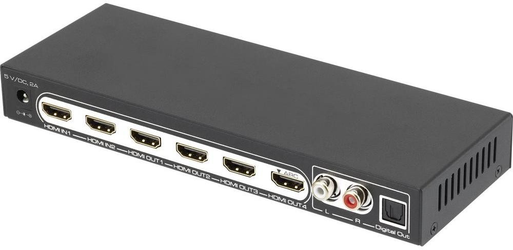 SpeaKa Professional Splitter HDMI Professional z gniazdami audio z pilotem zdalnego sterowania 3840 x 2160 px Ilość wejść 2 x Ilość wyjść 4 x