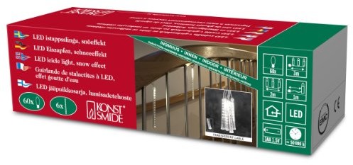 Konstsmide 2760-103 dekoracja świetlna LED, wewnętrzna, 6 świecących sopli z 60 diodami o białym ciepłym świetle, z certyfikatem VDE, zasilanie z baterii 3 x AA 1,5V, z efektem lśniącego śni