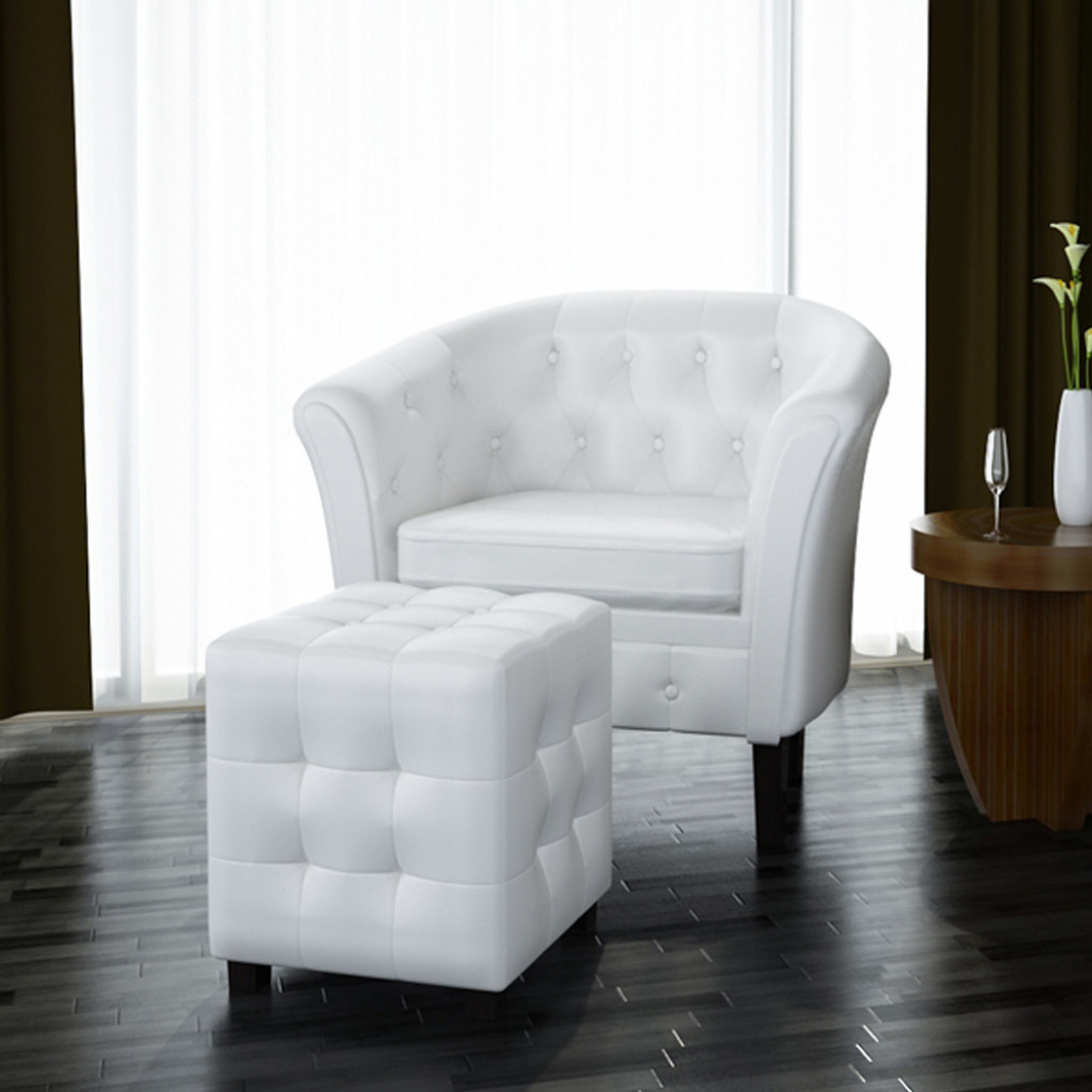 vidaXL Fotel Chesterfield biały z podnóżkiem