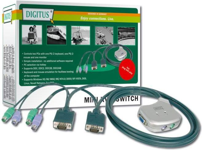 Digitus Mini przełącznik KVM - elektroniczny, 2PC, PS/2,1920 x 1440, 1,2m DC OC12