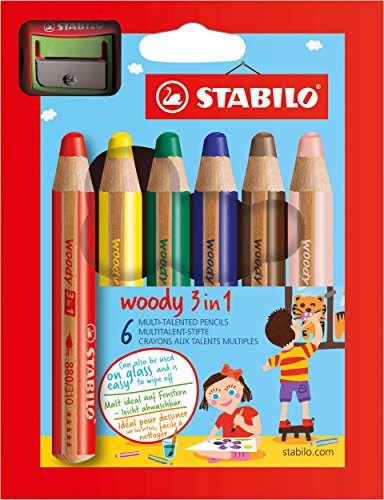 Stabilo Stabilo woody 3 in 1 kredki, kredki świecowe i kredki akwarelowe w jednym, zestaw 6 sztuk z temperówką 8806-2