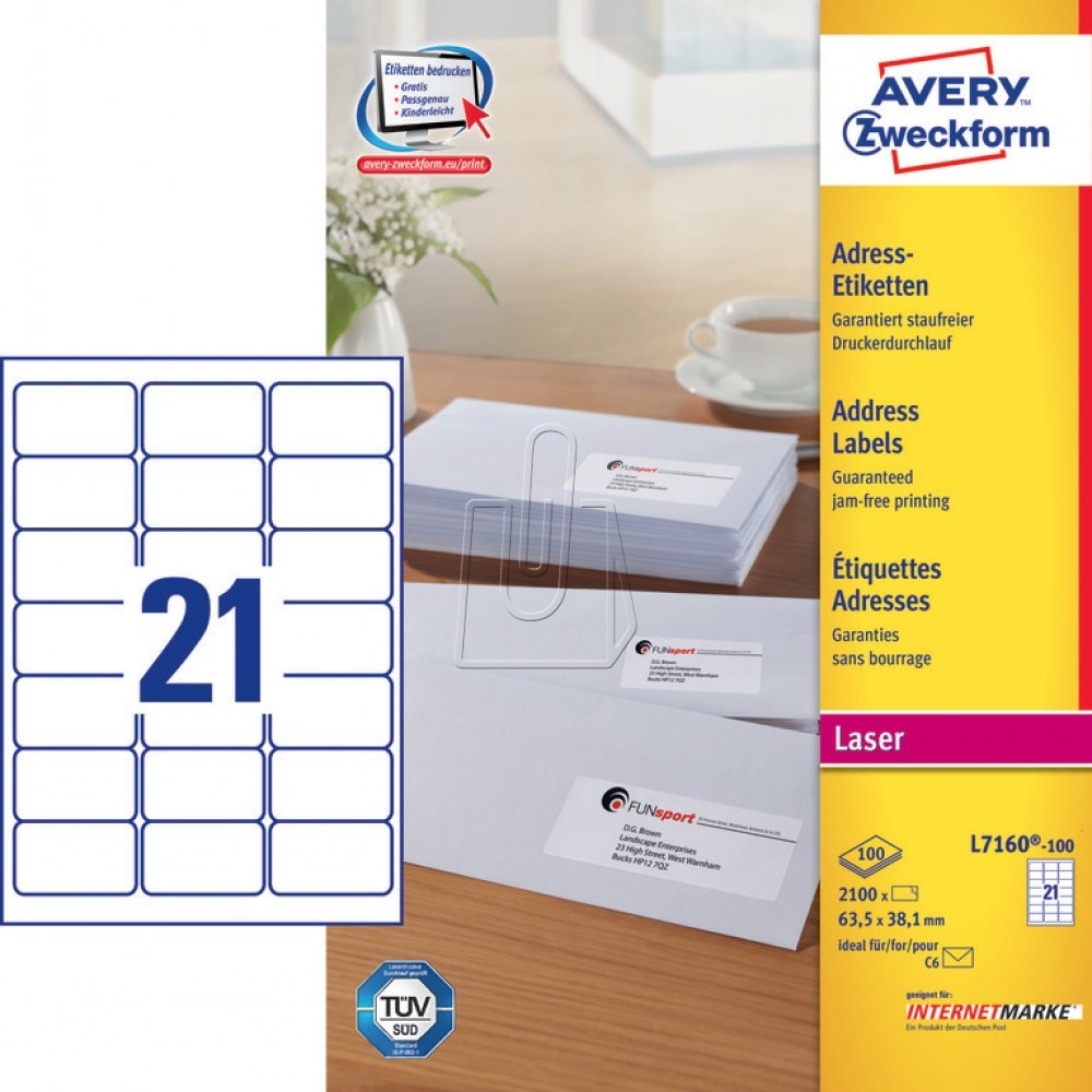 Avery Zweckform Etykiety adresowe do drukarek laserowych białe 63,5mm x 38,1mm 100 arkuszy