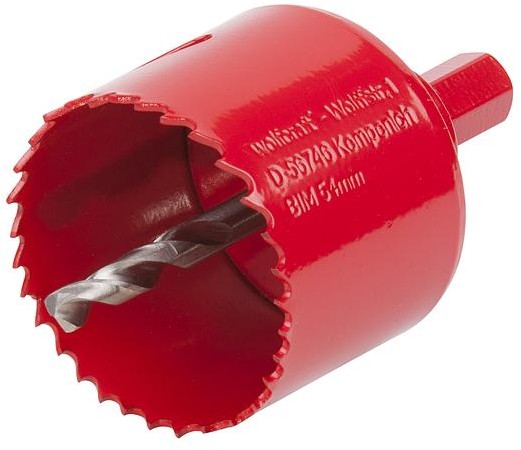 Wolfcraft Otwornica 5472000 Średnica wiercenia 54 mm Średnica wiertła 6 mm Długość robocza 40 mm Materiał wiertła Bi-metal HSS Uchwyt narzędzia Sześciokątny uchwyt