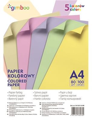 GIMBOO Papier kolorowy GIMBOO A4 100 arkuszy 80gsm 5 kolorów pastelowych