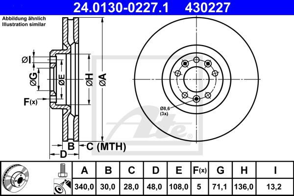 ATE 24.0130-0227.1 TARCZA HAMULC. PEUGEOT 508 10- PRZÓD CITROEN C5 III 424988 DF